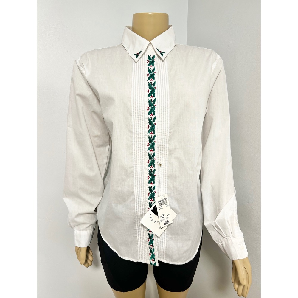 Jennifer Moore Vintage Christmas Holly Embroidered White Pintuck Blouse LARGE 12